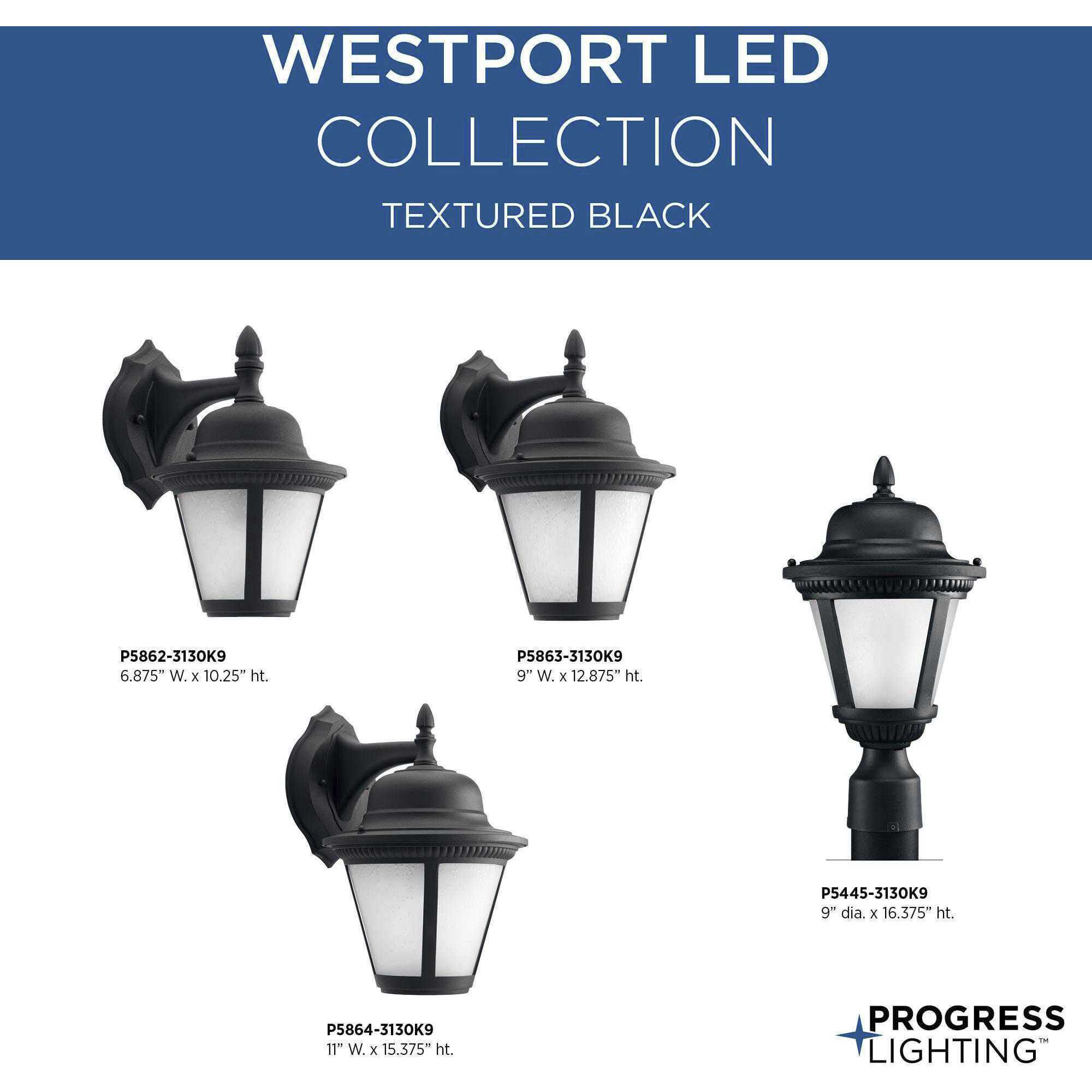 Westport LED LED 15 inch Textured Black Outdoor Wall Lantern in Integrated LED, Etched Seeded, Large, Progress LED