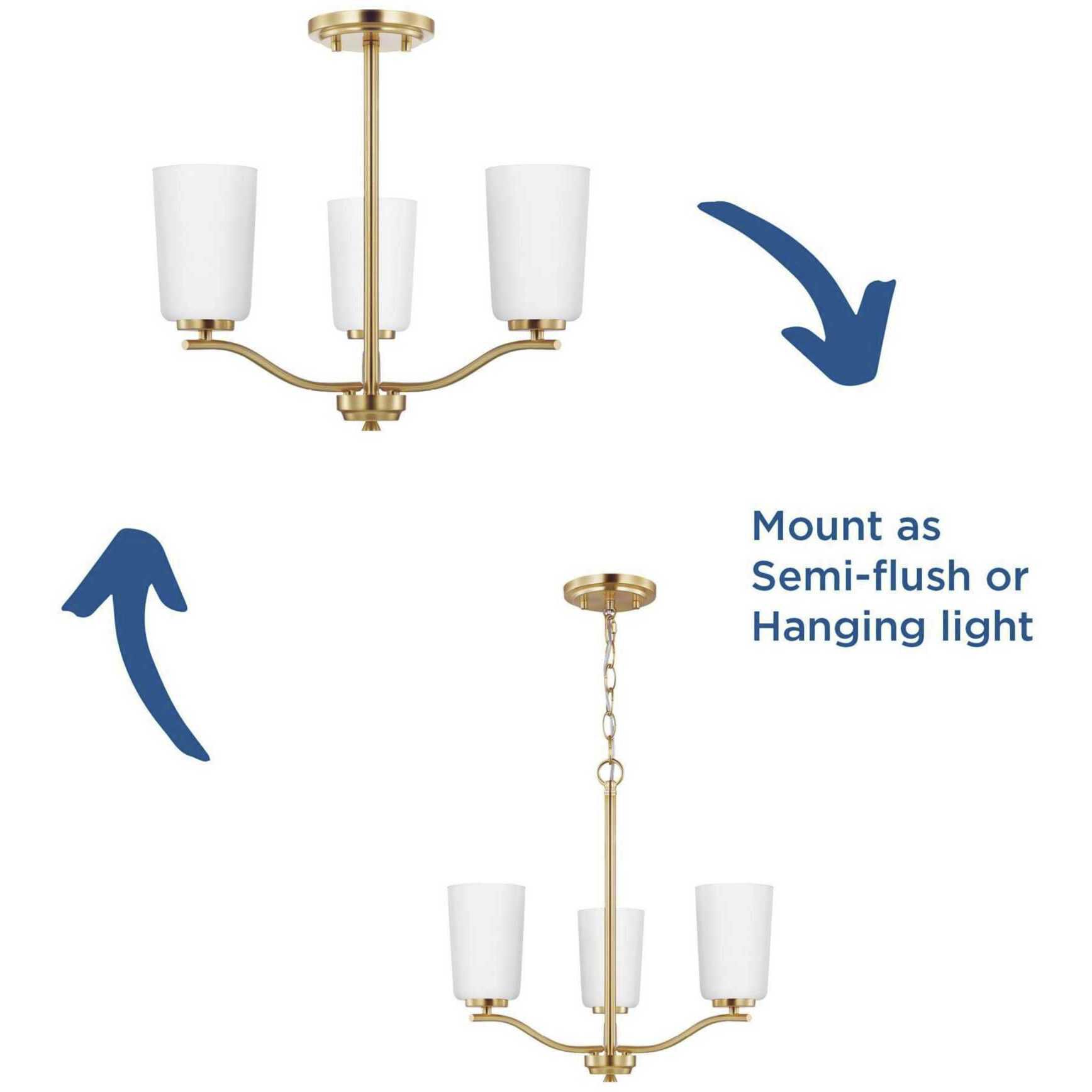 Adley 3 Light 18.12 inch Satin Brass Semi-Flush Convertible Light Ceiling Light