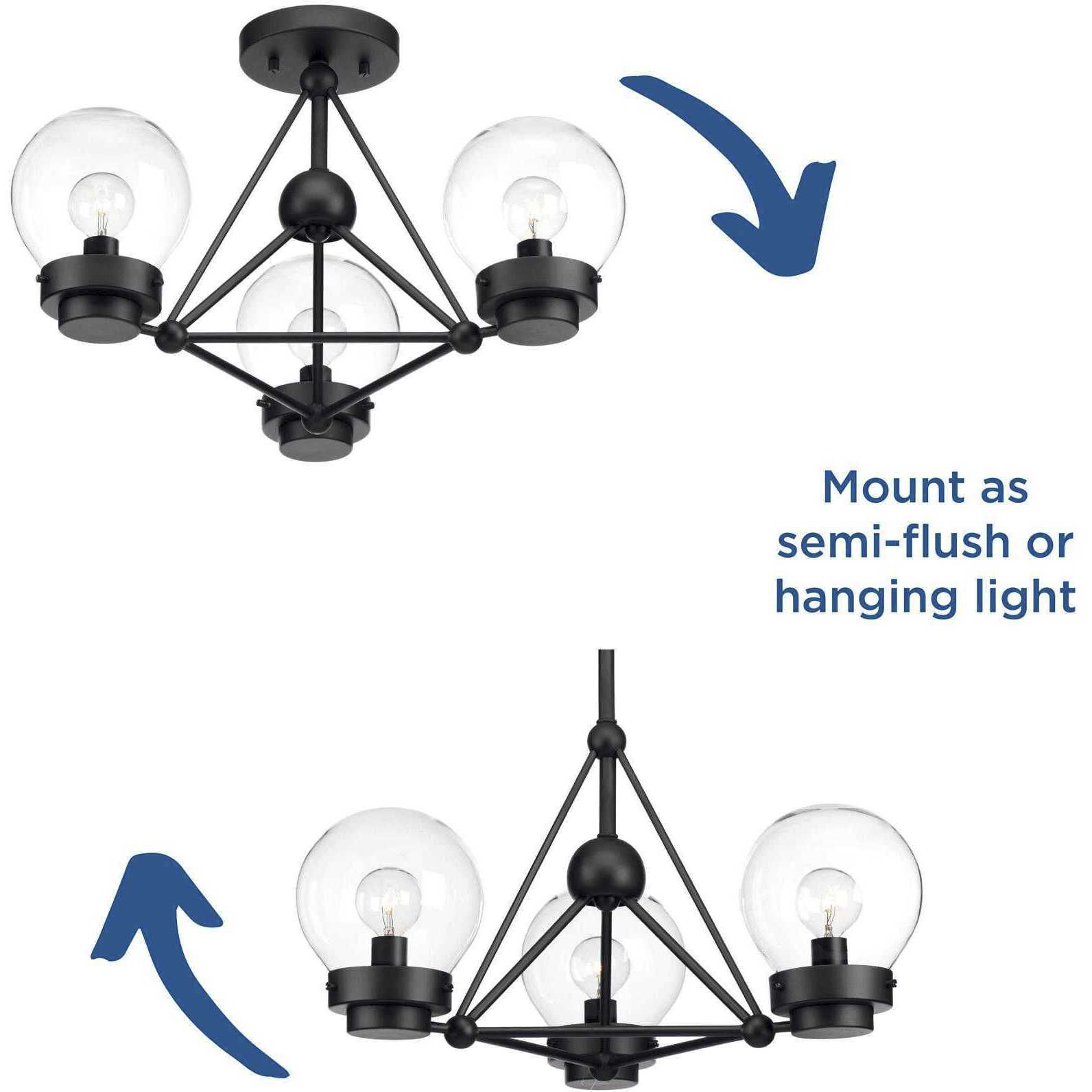 Spatial 3 Light 20 inch Matte Black Semi-Flush Mount Convertible Ceiling Light, Design Series