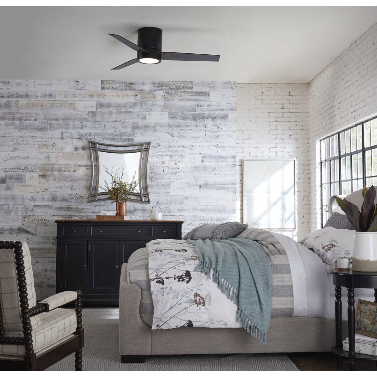 Braden 44 inch Black with Black/Distressed Ebony Blades Hugger Ceiling Fan, Progress LED