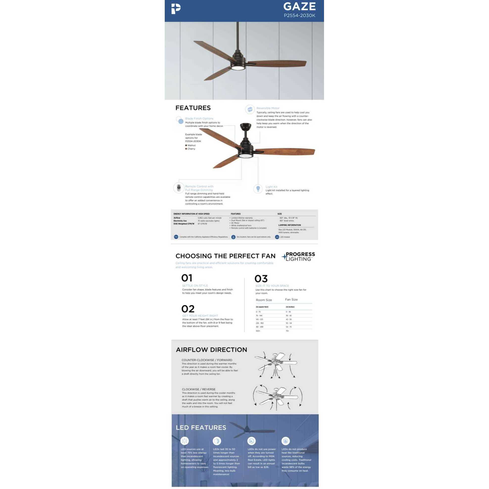 Gaze 60 inch Antique Bronze with Walnut/Cherry Blades Ceiling Fan, Progress LED