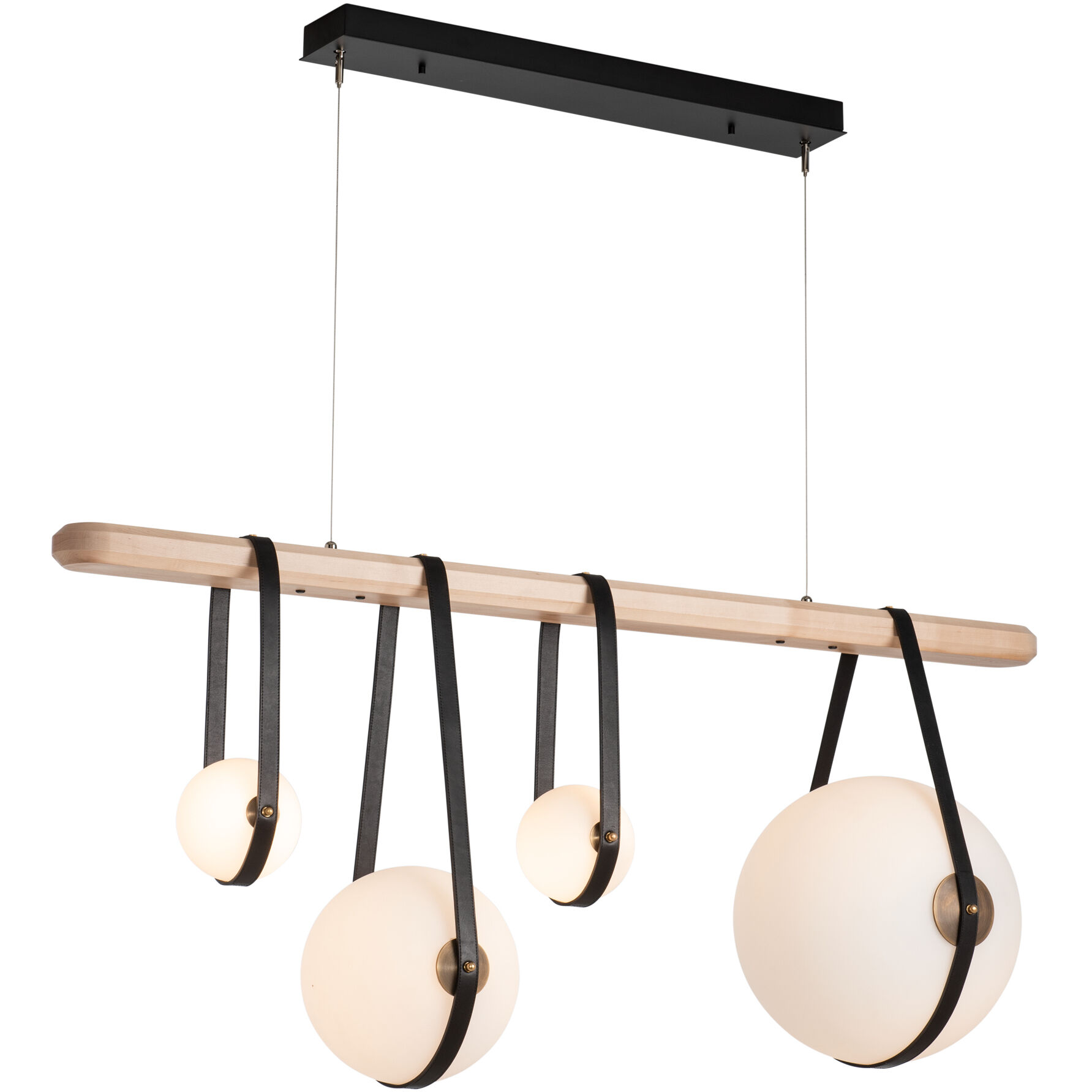 Derby LED 52 inch Black and Antique Brass Linear Pendant Ceiling Light in Black/Antique Brass, Black Leather with Maple Natural