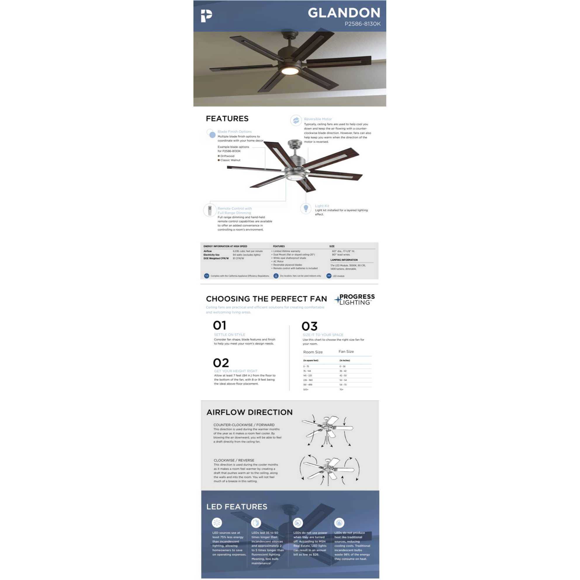 Glandon 60 inch Antique Nickel with Walnut/Driftwood Blades Ceiling Fan, Progress LED