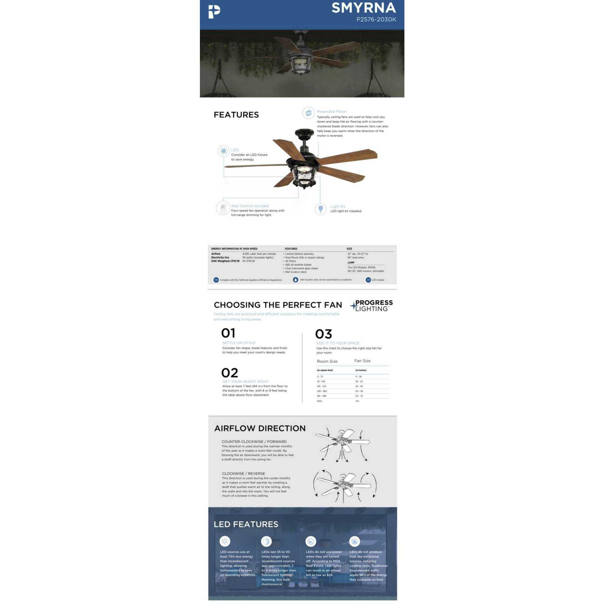 Smyrna 52 inch Antique Bronze with Walnut Blades Indoor/Outdoor Ceiling Fan, Progress LED