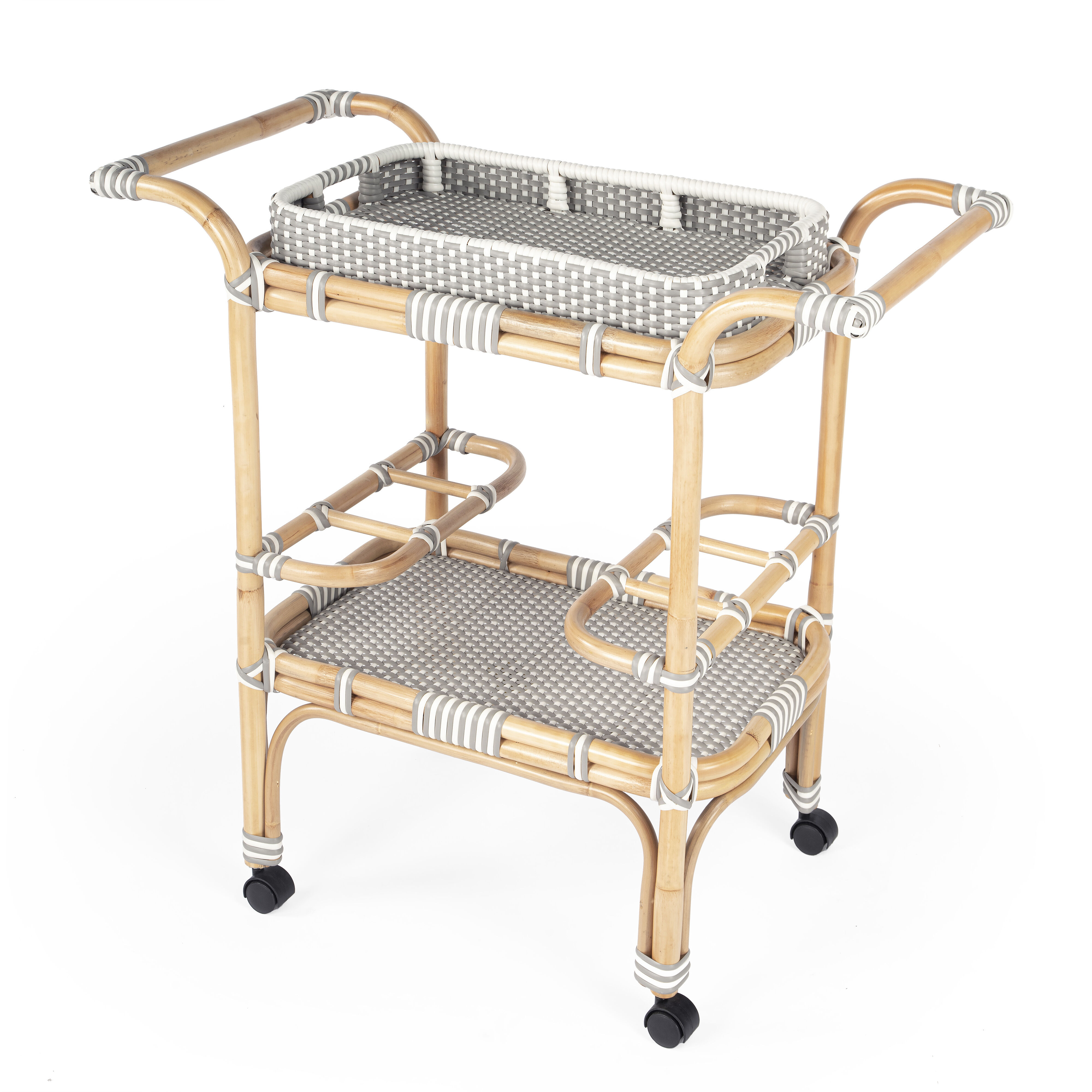 Selena Grey & Rattan Bar Cart in Gray and White,Natural