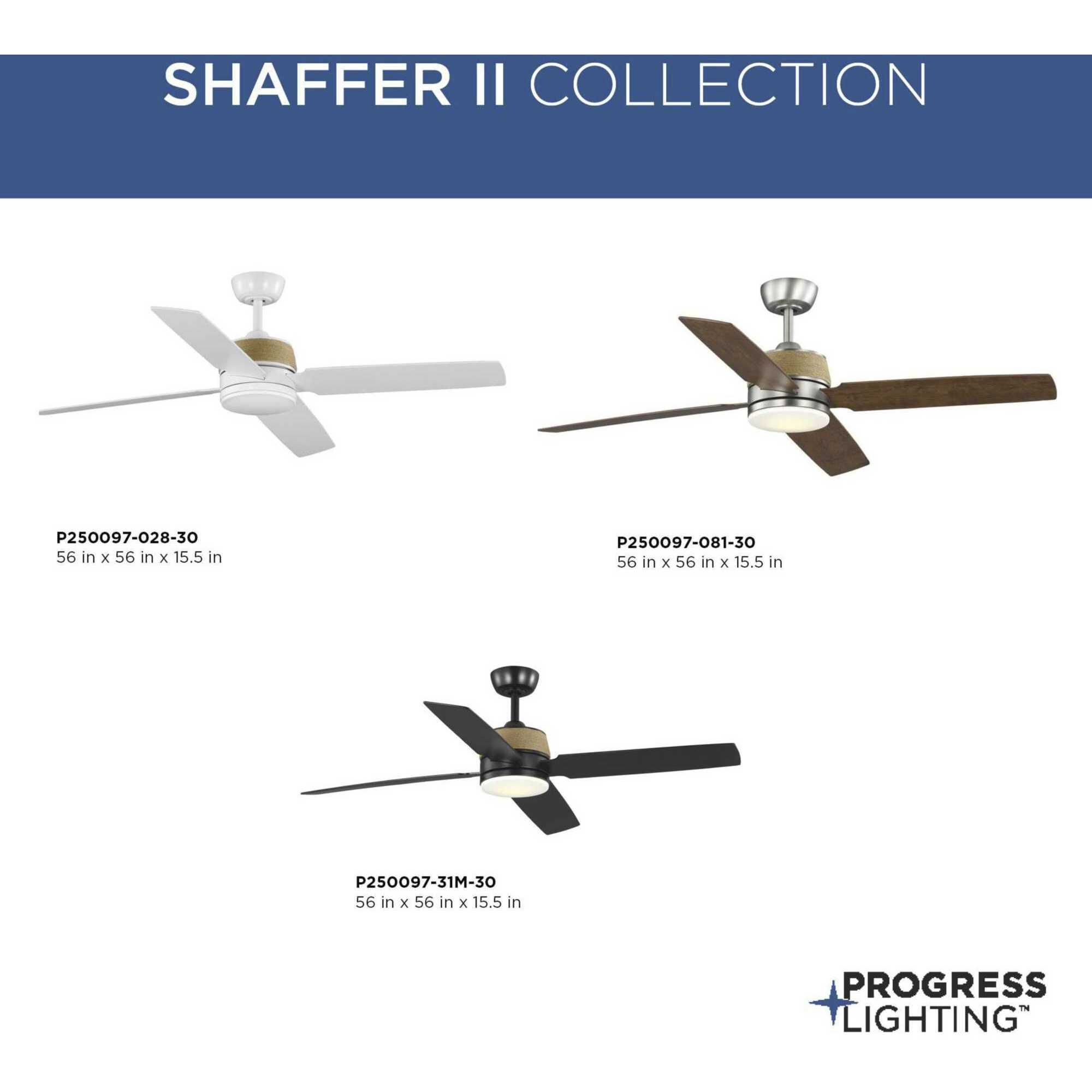 Shaffer II 56 inch Antique Nickel with Classic Walnut/Grey Weathered Wood Blades Ceiling Fan, Progress LED