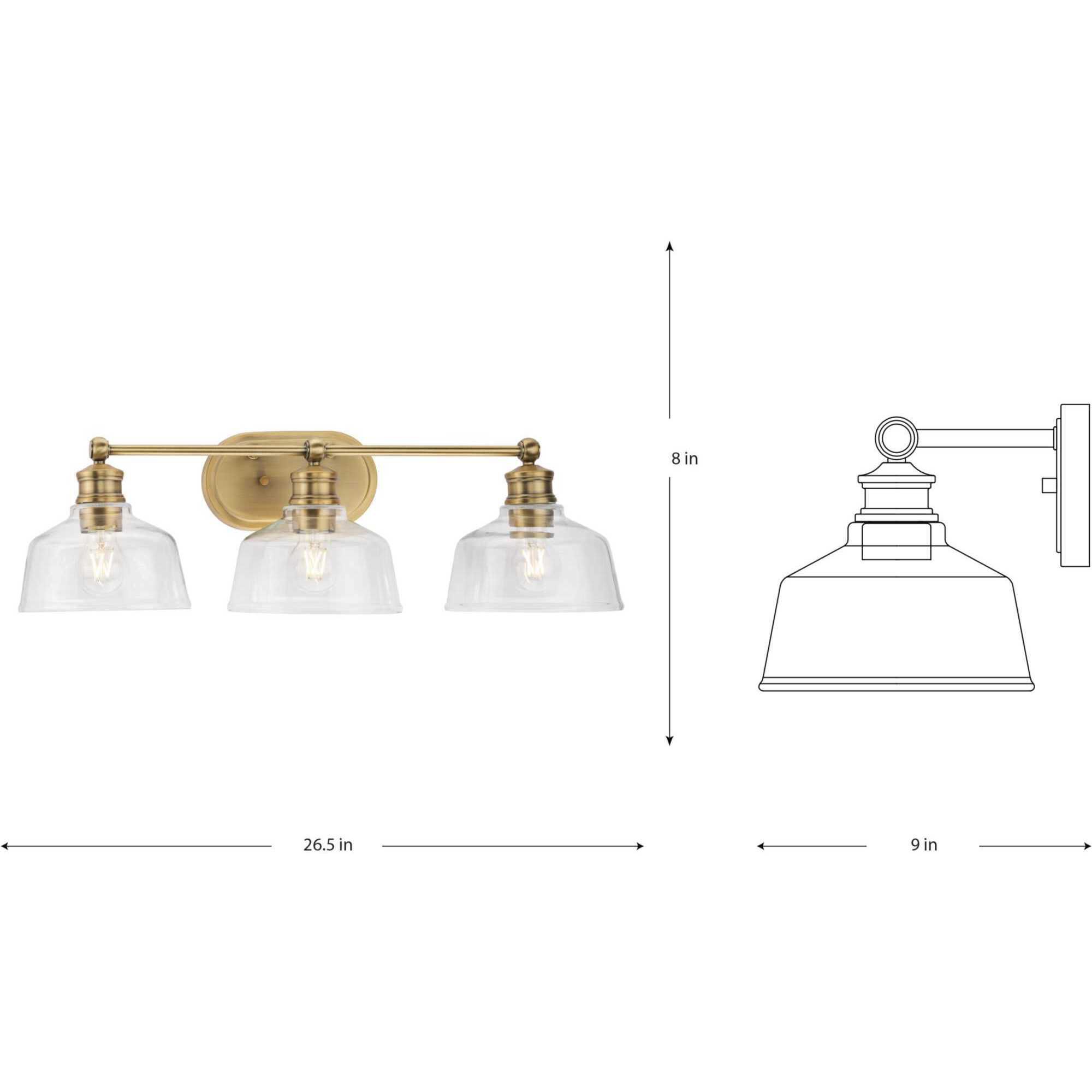 Singleton 3 Light 26.5 inch Vintage Brass Bath Vanity Wall Light