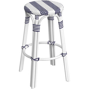Tobias Round Rattan 30" Bar Stool in White and Navy Stripe