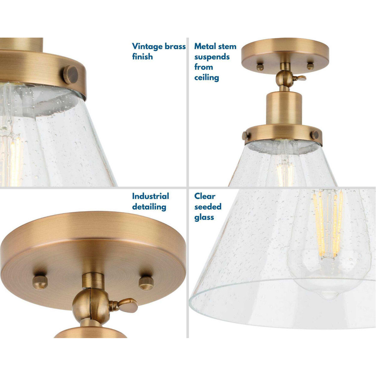 Hinton 1 Light 8 inch Vintage Brass Flush Mount Ceiling Light